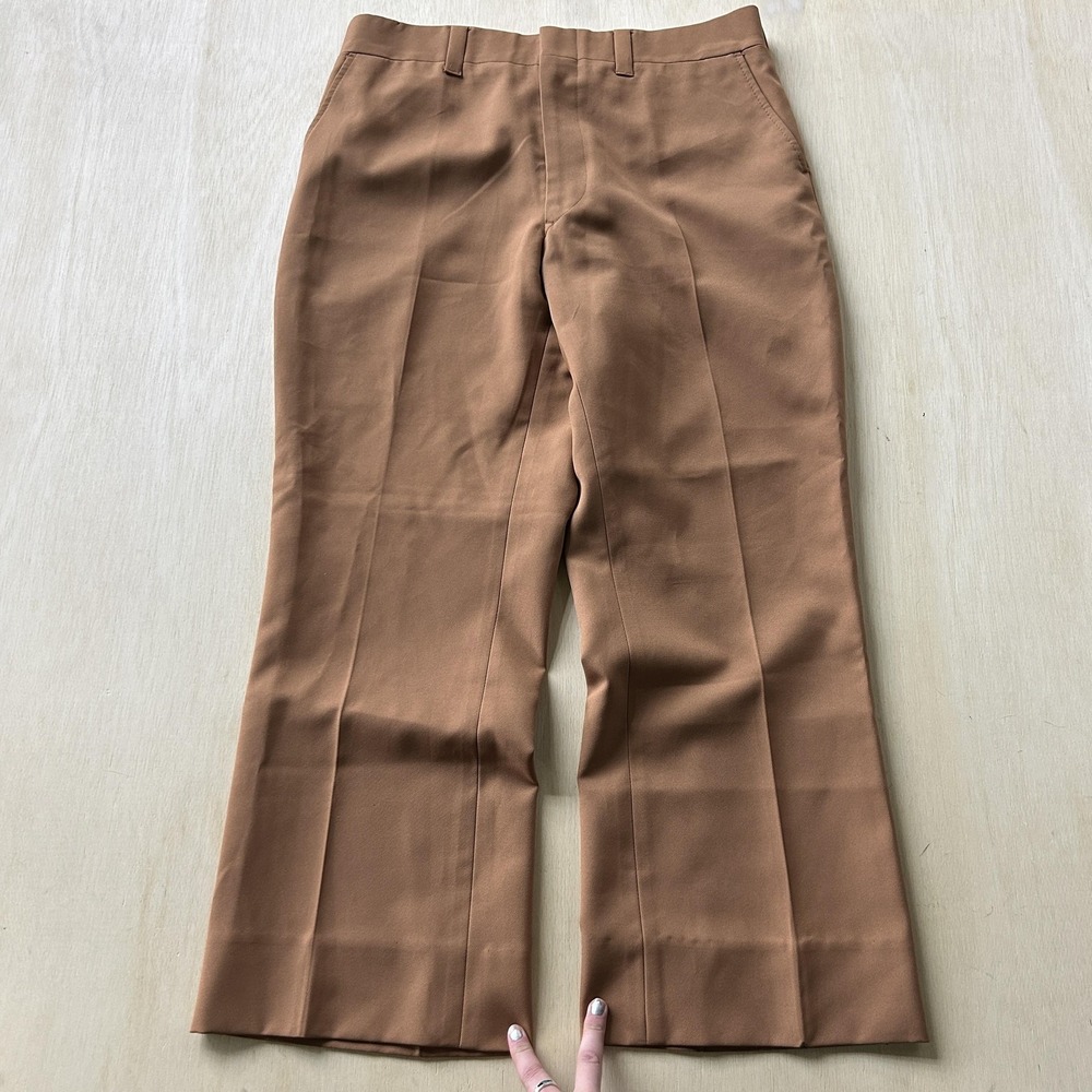 Vintage Brown Dress Pants Mens 34x27 Polyester Flat Front Flared Leg Business